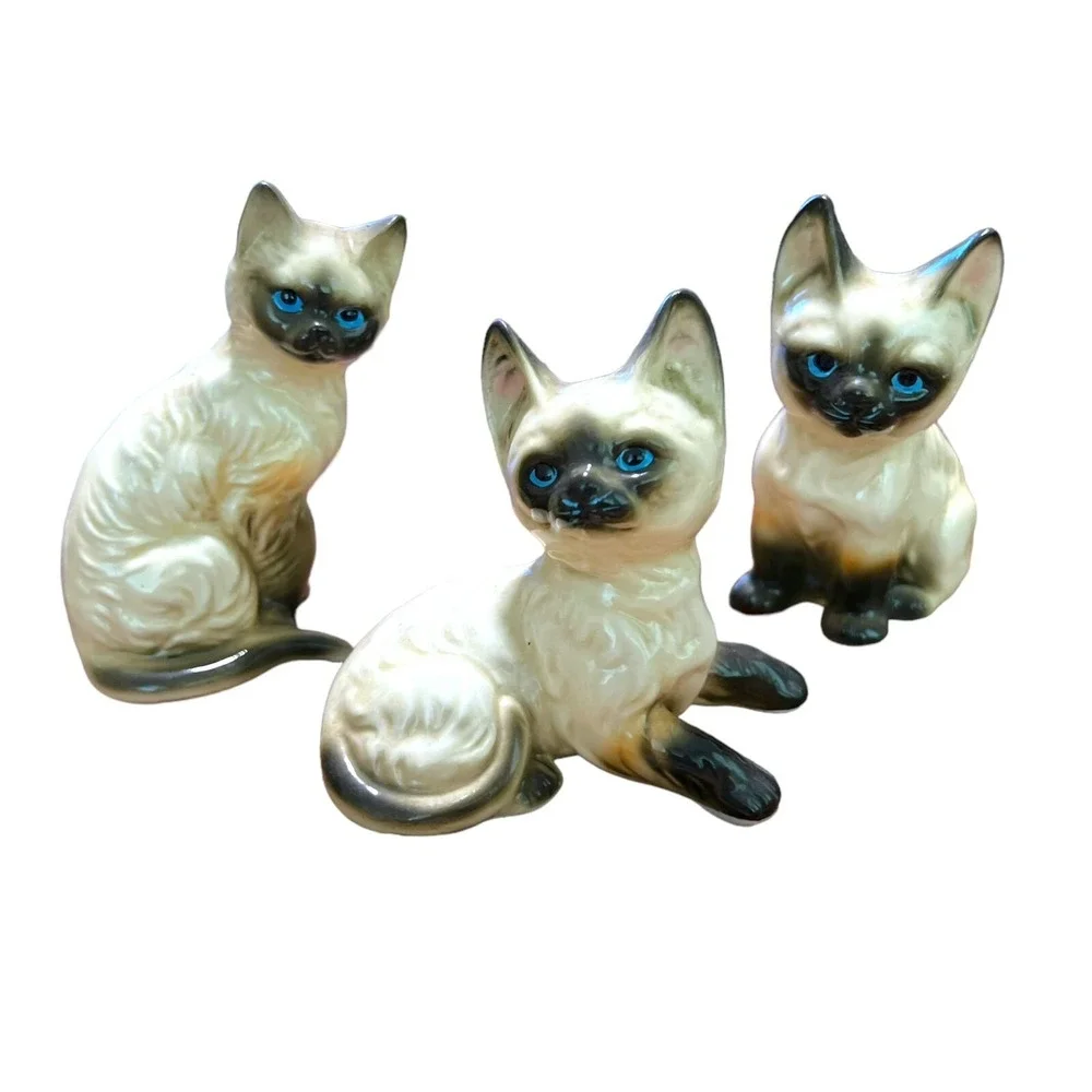 House Of Global 3 Blue Eyed Siamese Cat Figurines Bone China